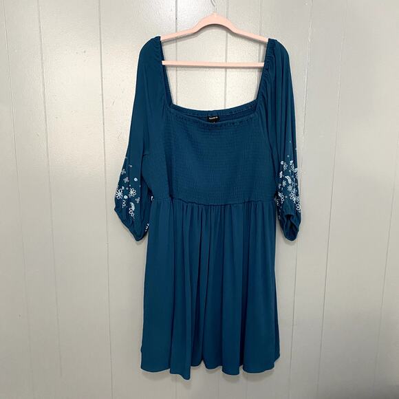 Torrid Legion Blue Floral Smocked Mini Crinkle Gauze Blouson Sleeve Dress 4X - Picture 3 of 9